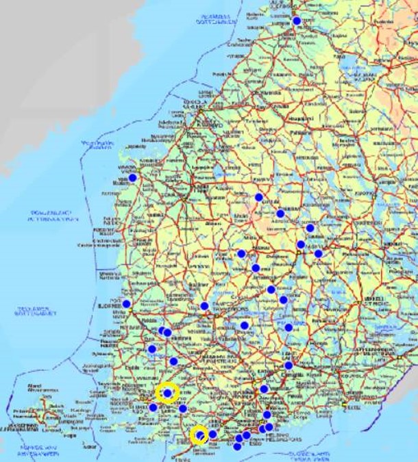 Soome kaardil on sinisega märgitud paikades kogunenud rändele üle tuhande sookure ja lõunarannikul kollasega märgituna üle kuue tuhande linnu.